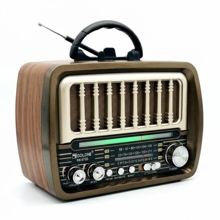 Radio retro USB Golon RX‑075D – reîncărcabil solar, cu finisaj imitatie lemn