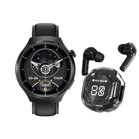 Set ceas inteligent D21 negru – Ceas inteligent, căști wireless, curea din silicon și curea din piele