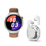   Set ceas inteligent D21 – Cadran argintiu, curea din silicon gri și curea din piele maro