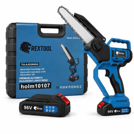 Fierăstrău cu lanț Rextool Premium cu lubrifiere automată, cu indicator de încărcare, cu 2 baterii de 96 V