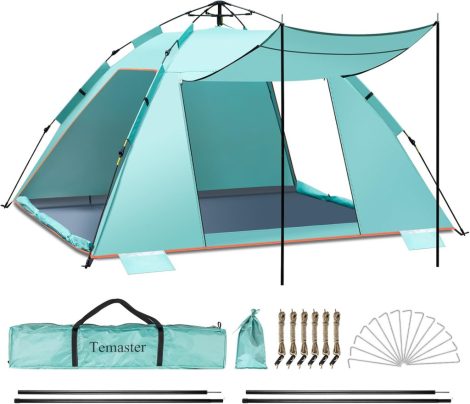 Cort de plajă automat Temaster 3-4 persoane cu 3 copertine - protecție UV 50+, 220 × 200 × 130 cm