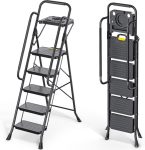   Scara pliabilă KINGRACK cu 5 trepte, neagră, cu suport fix pentru scule și mânere laterale – capacitate maximă de încărcare de 360 kg