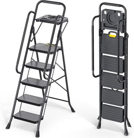 Scara pliabilă KINGRACK cu 5 trepte, neagră, cu suport fix pentru scule și mânere laterale – capacitate maximă de încărcare de 360 kg