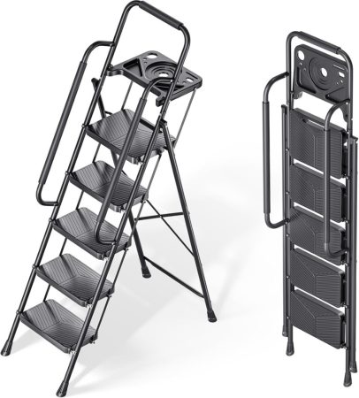 Scara pliabilă KINGRACK cu 5 trepte, neagră, cu suport pentru scule și mânere laterale – capacitate maximă de încărcare de 150 kg Scara pliabilă KINGRACK cu 5 trepte, neagră, cu suport pentru scule și mânere laterale – capacitate maximă de încărcare de 150 kg