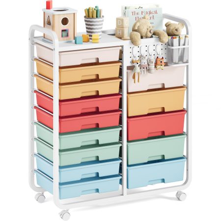 Cărucior de depozitare cu roți KINGRACK cu 14 sertare, colorat