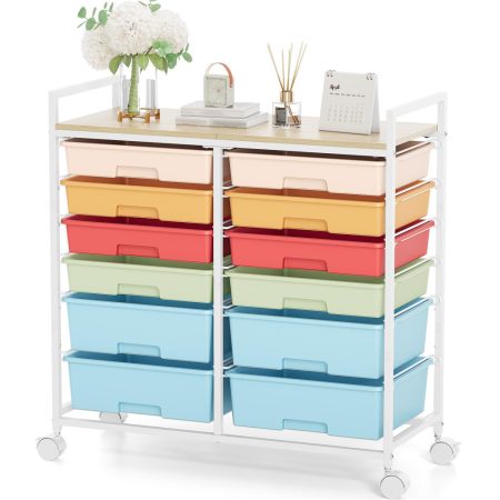 Cărucior de depozitare cu roți KINGRACK cu 12 sertare, colorat