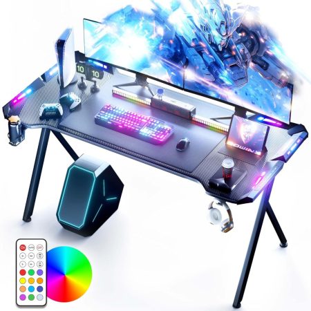 Birou de gaming Dowinx RGB pentru calculator, 140x60 cm, negru – suport pentru pahar, suport pentru căști, telecomandă.