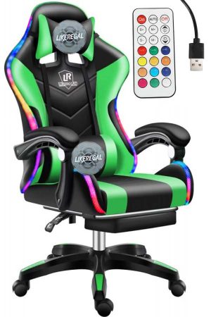 Scaun gamer de masaj Likeregal 920 LED cu suport pentru picioare- verde