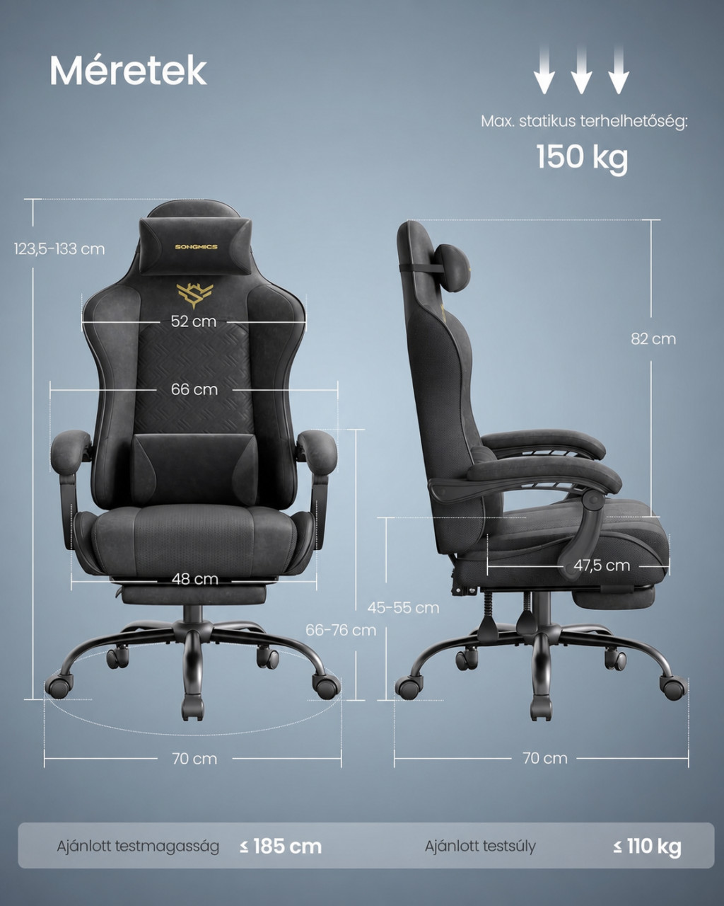 SONGMICS OBG079B01 gamer szék méretei és terhelhetősége