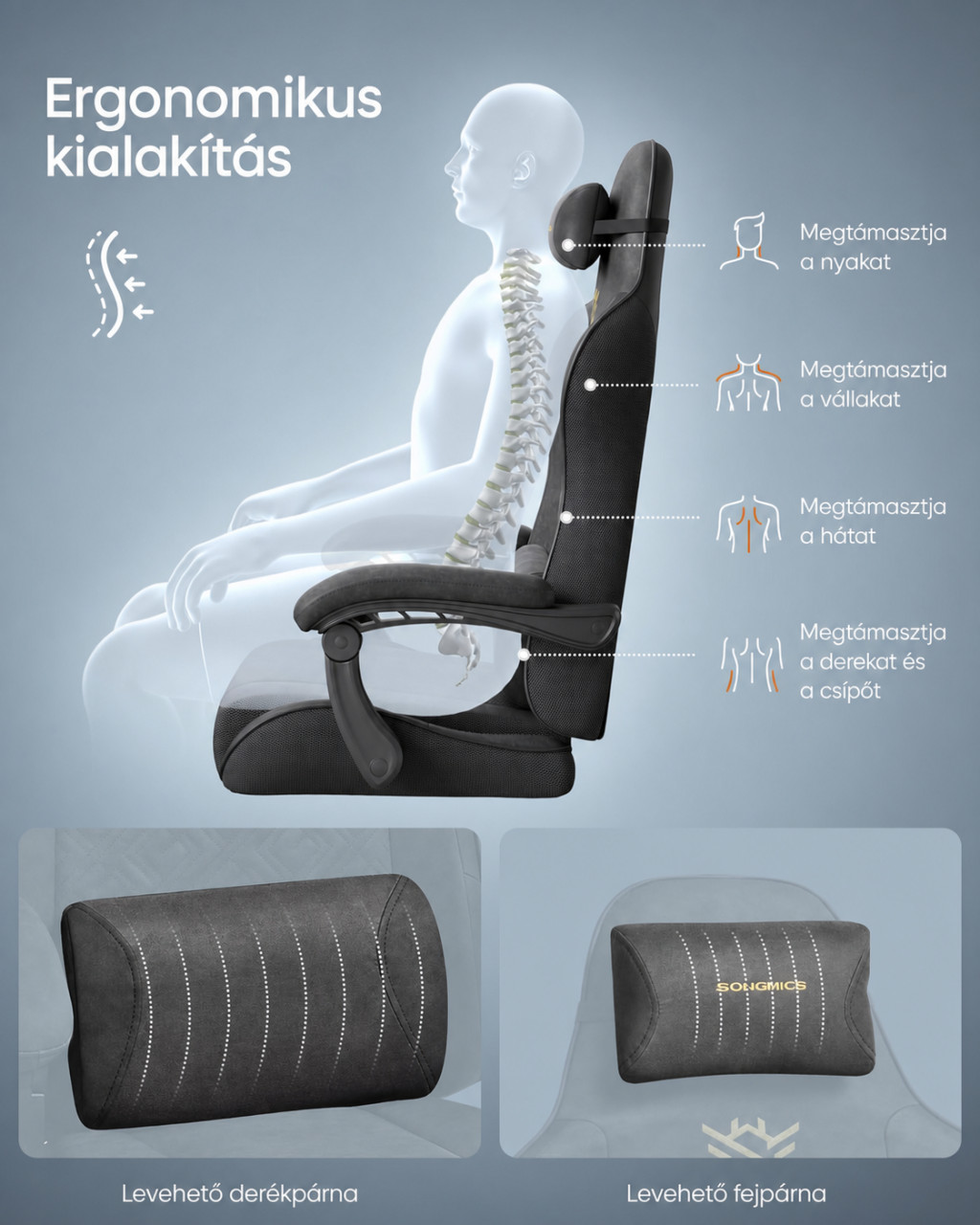SONGMICS gamer szék ergonomikus alátámasztása